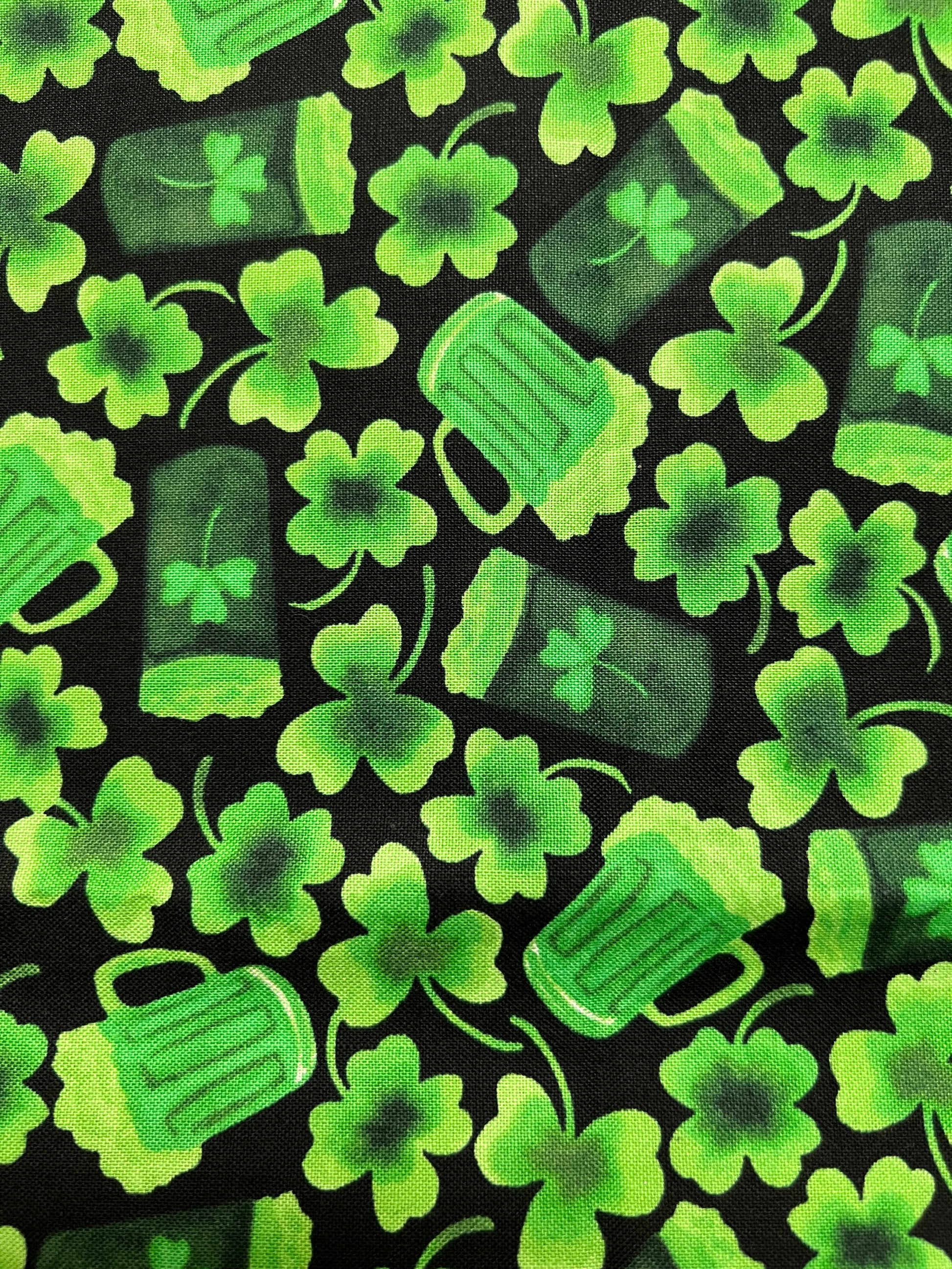 Green Clovers and Steins on Black Cotton
