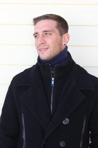 Man wearing Navy Blue Fleece Meliny Wrap neck warmer